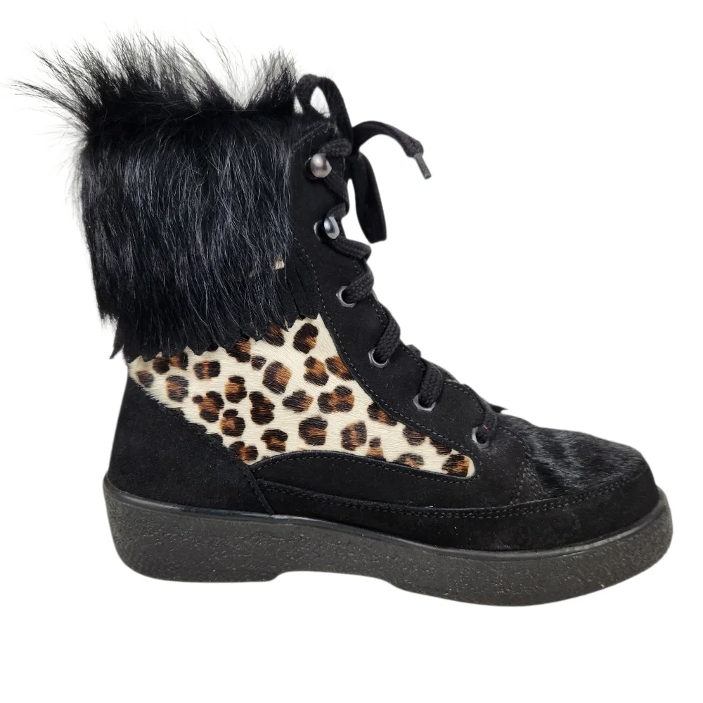 Oscar Sport Cristina Après Ski Black Fur Suede Leather Cheetah BootWomen Size 38 - Picture 5 of 16